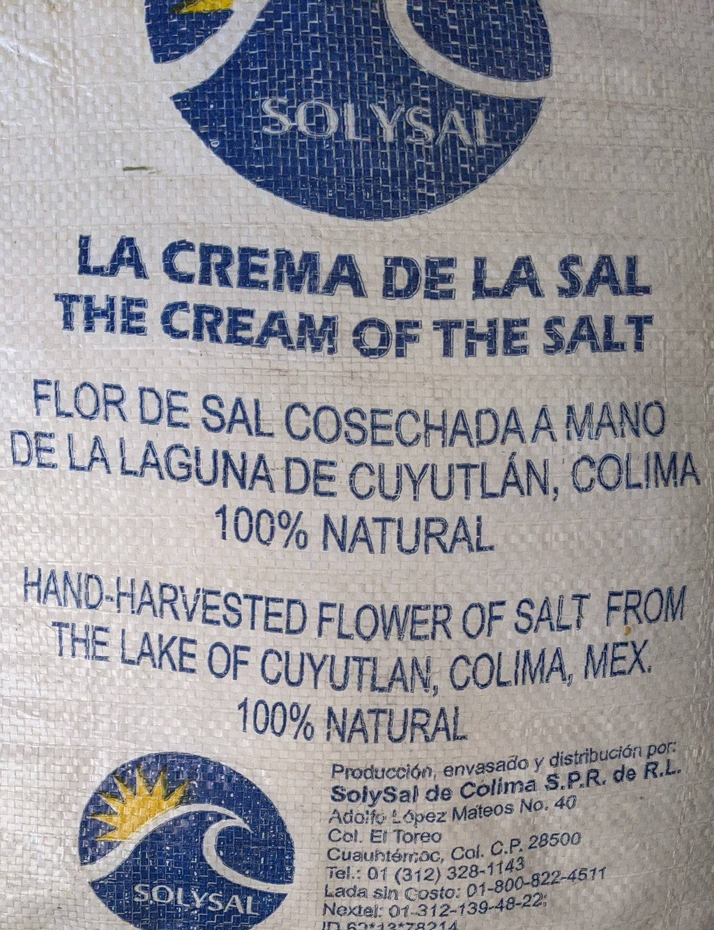 Fleur De Sel salt bag labeled 'La Crema de la Sal' from Cuyutlán, Colima, Mexico, featuring 100% natural hand-harvested sea salt.