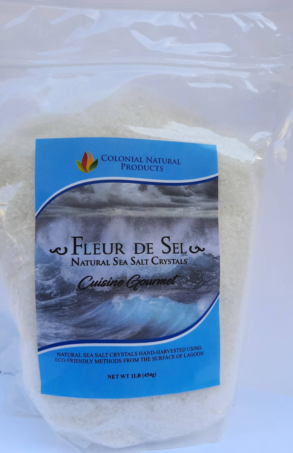 Fleur De Sel Salt by Colonial Natural Products in 1lb resealable bag, featuring natural sea salt crystals for gourmet cooking.