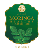 Moringa Powder Benefits label by Colonial Enterprises featuring green moringa leaves and gold text, 1 lb dietary supplement for health boost.