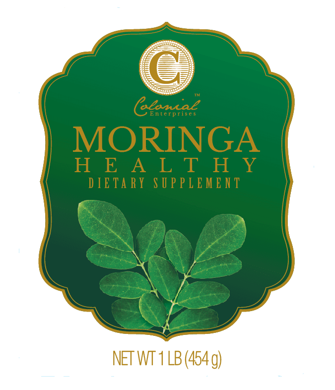 Moringa Powder Benefits label by Colonial Enterprises featuring green moringa leaves and gold text, 1 lb dietary supplement for health boost.